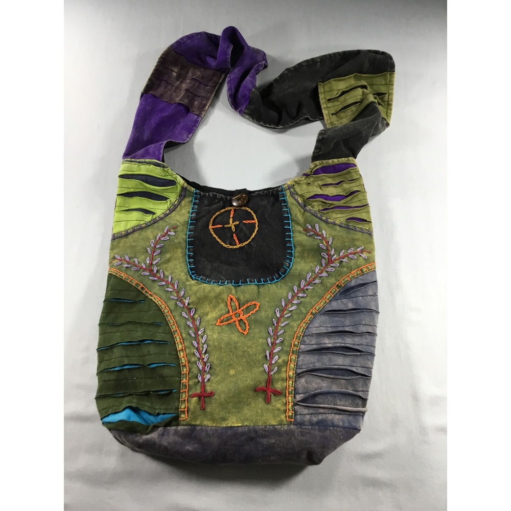 Boho Patchwork Embroidered Canvas Hobo Bag Green Purple Crossbody Hippie Slouchy